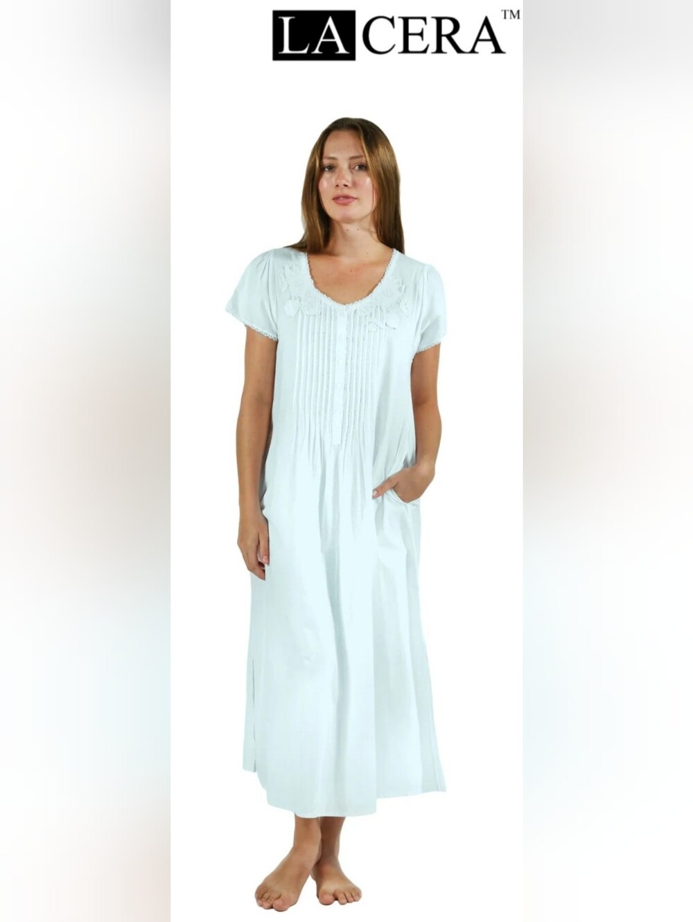 La Cera 100% Cotton Women's Lace Applique Nightgown Aqua Blue Large
